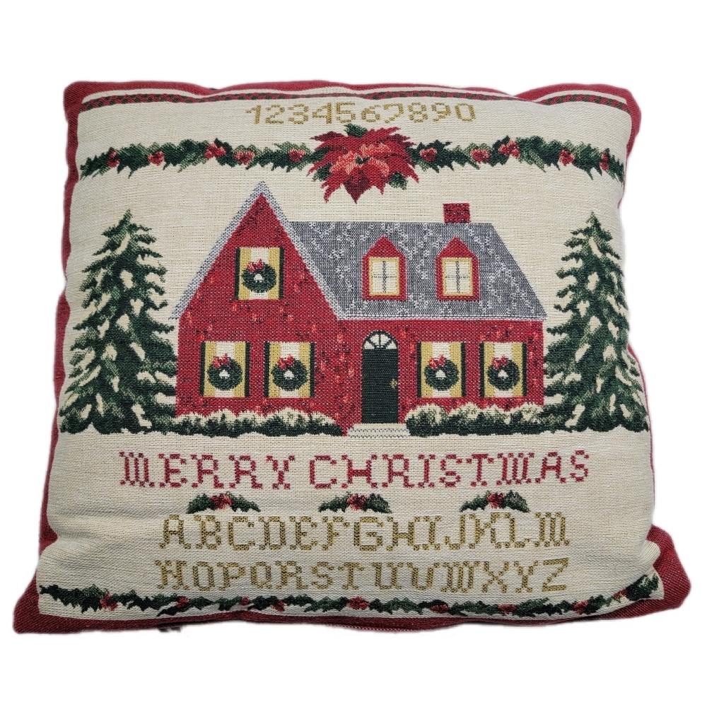 Vintage Christmas  Tapestry Throw Pillow  Sampler Alphabet Newport 15"x15" USA